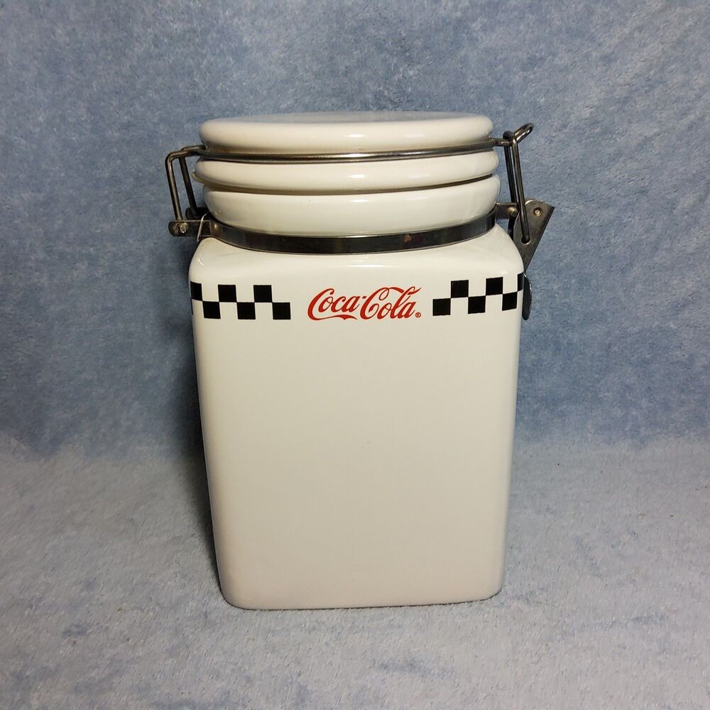 Vintage 2002 Coca-Cola Gibson Ceramic Canister 8" Tall Checkerboard Pattern